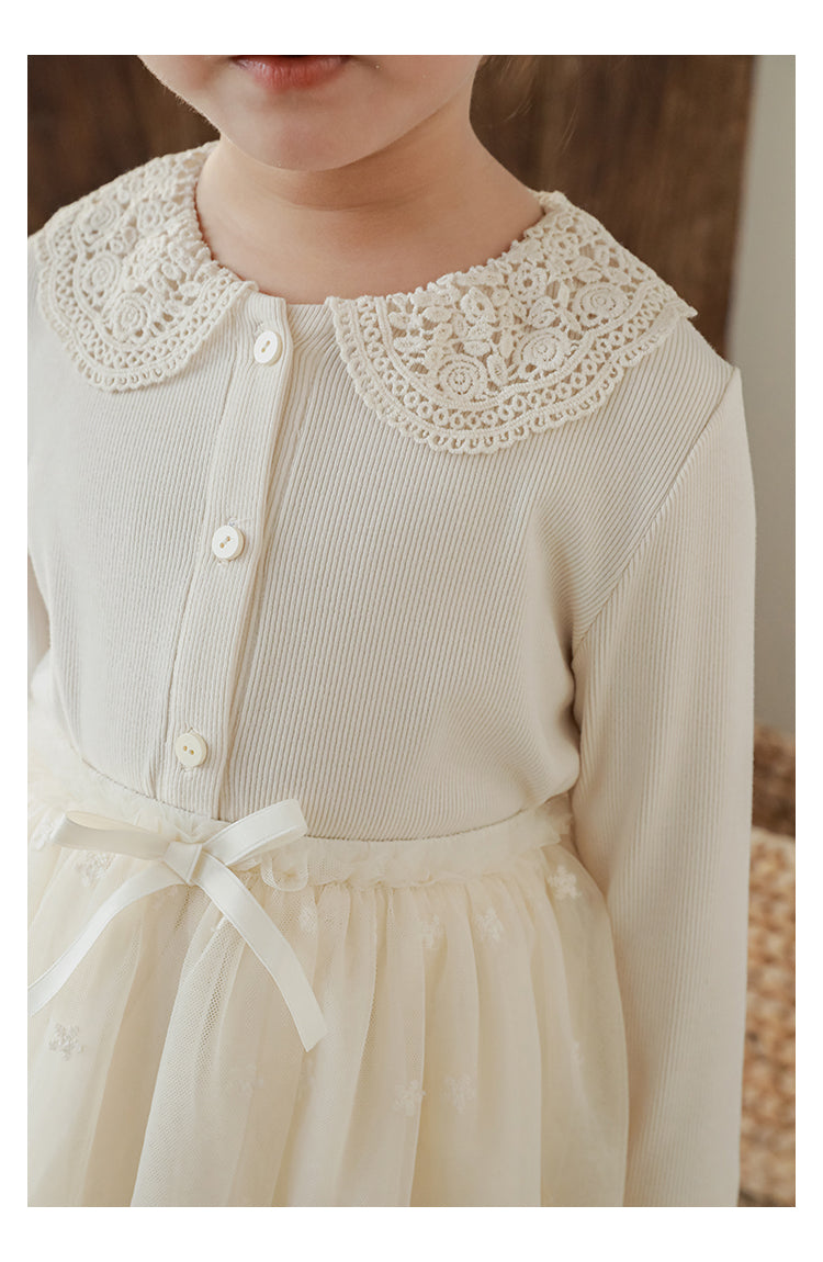 Girls Lace Collar Ribbed Button-Front Blouse, Ivory