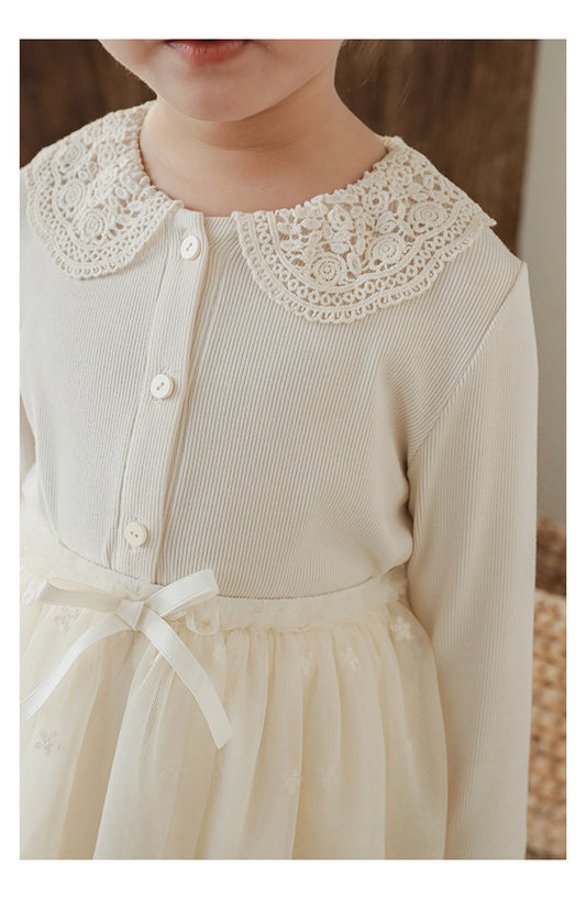 Girls Lace Collar Ribbed Button-Front Blouse, Ivory