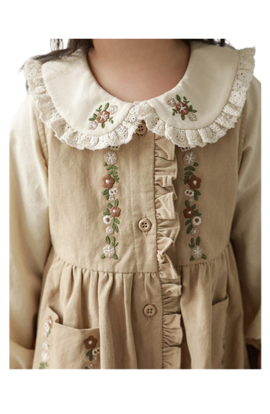 Close-up of floral embroidery on the bodice