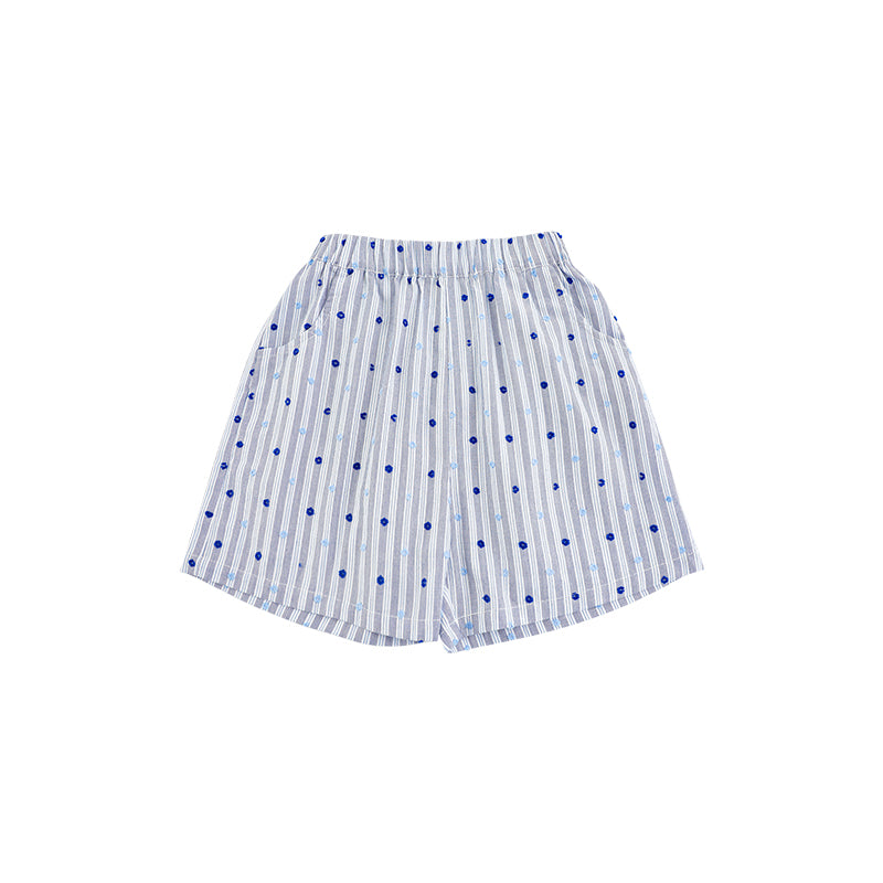 Lightweight summer shorts for girls in blue stripe and dot pattern – Ava & Bear London