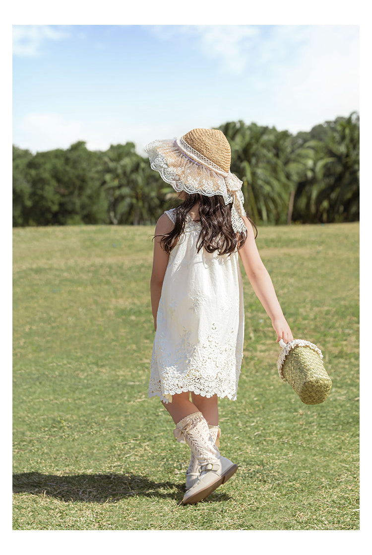Girls Floral Embroidered Broderie Strap Dress, Ivory