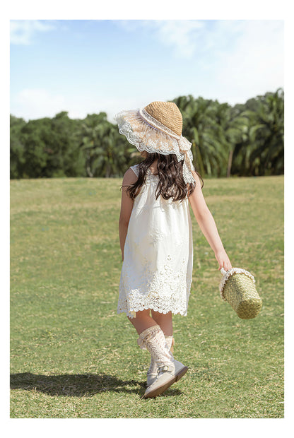 Girls Floral Embroidered Broderie Strap Dress, Ivory