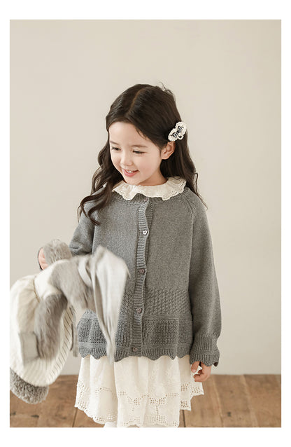 Girls Scalloped Textured Knit Cardigan, Medium Grey