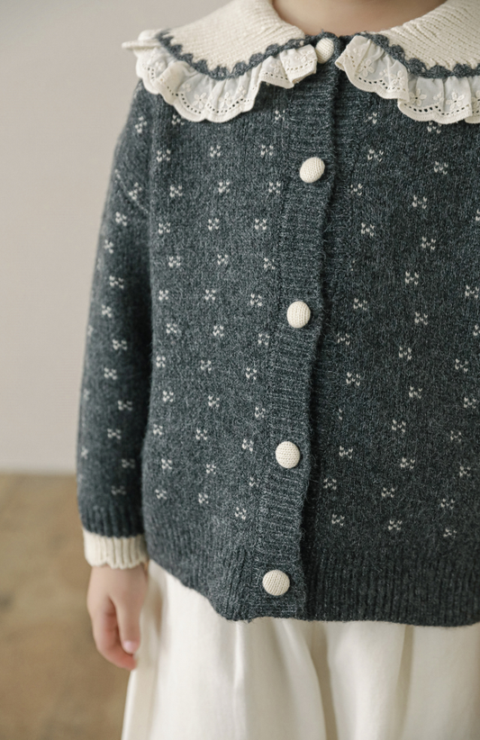 Girls Lace Collar Knit Cardigan, Grey Floral