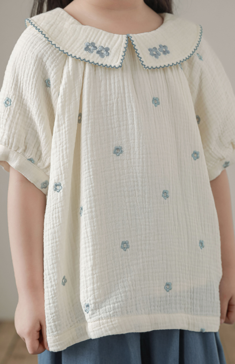Girls Floral Embroidered Muslin Blouse, Ivory & Blue