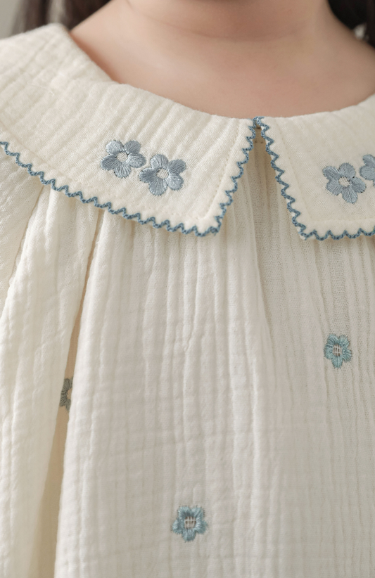 Girls Floral Embroidered Muslin Blouse, Ivory & Blue
