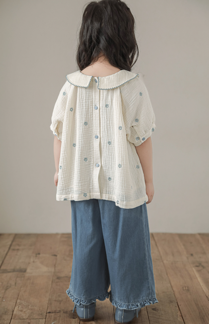 Girls Floral Embroidered Muslin Blouse, Ivory & Blue