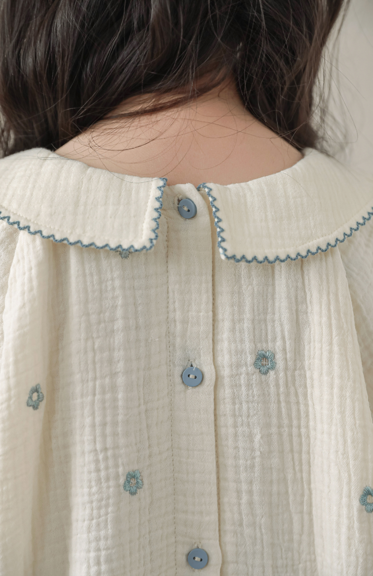 Girls Floral Embroidered Muslin Blouse, Ivory & Blue