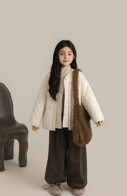 Girls Cotton Quilted Jacket with Textured Trim, Ivory