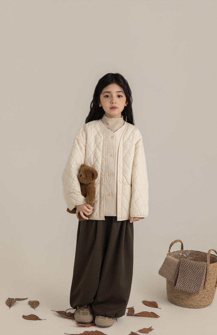 Girls Cotton Quilted Jacket with Textured Trim, Ivory