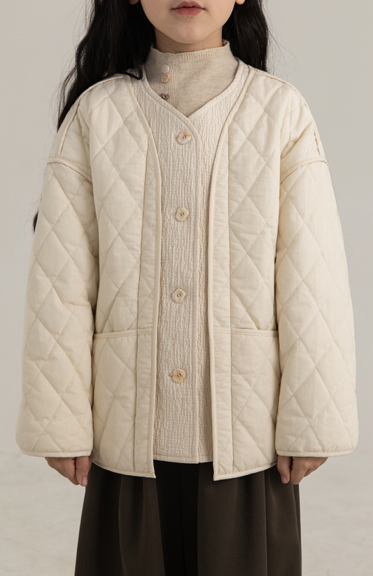 Girls Cotton Quilted Jacket with Textured Trim, Ivory