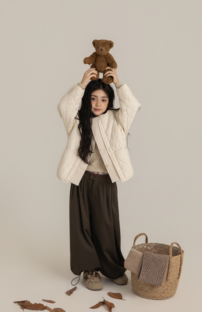 Girls Cotton Quilted Jacket with Textured Trim, Ivory