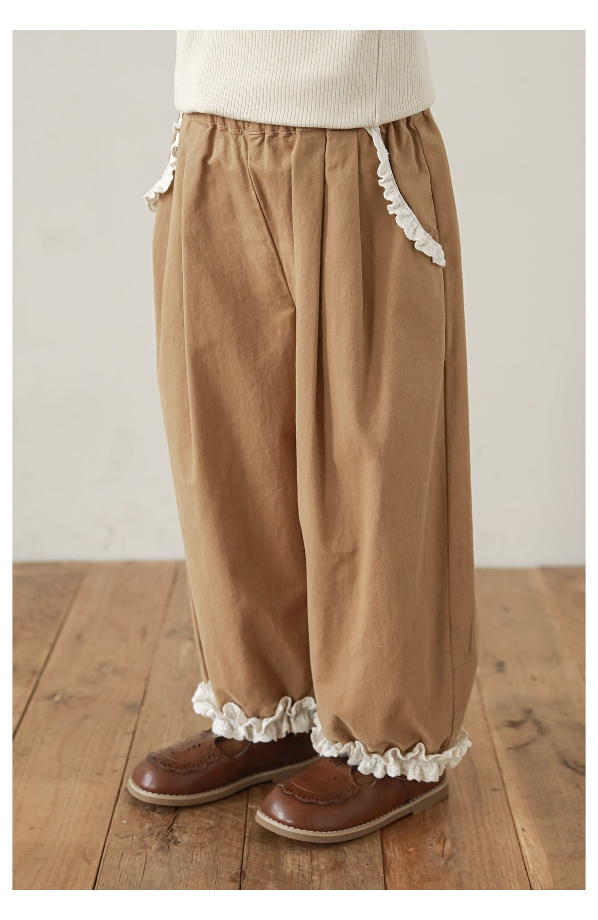 Girls Pleated Lace Hem Tapered Trousers, Camel