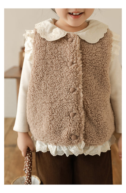 Girls Lace Trim Faux Shearling Teddy Vest, Latte