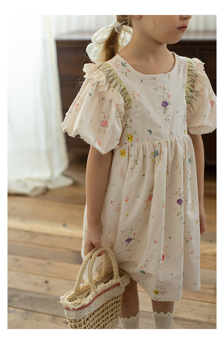 Baby Girl Floral Smocked Dress, Ivory White