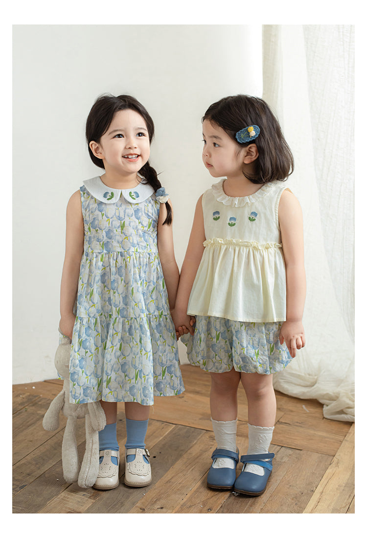 Girls Embroidered Collar Sleeveless Dress, Blue Floral