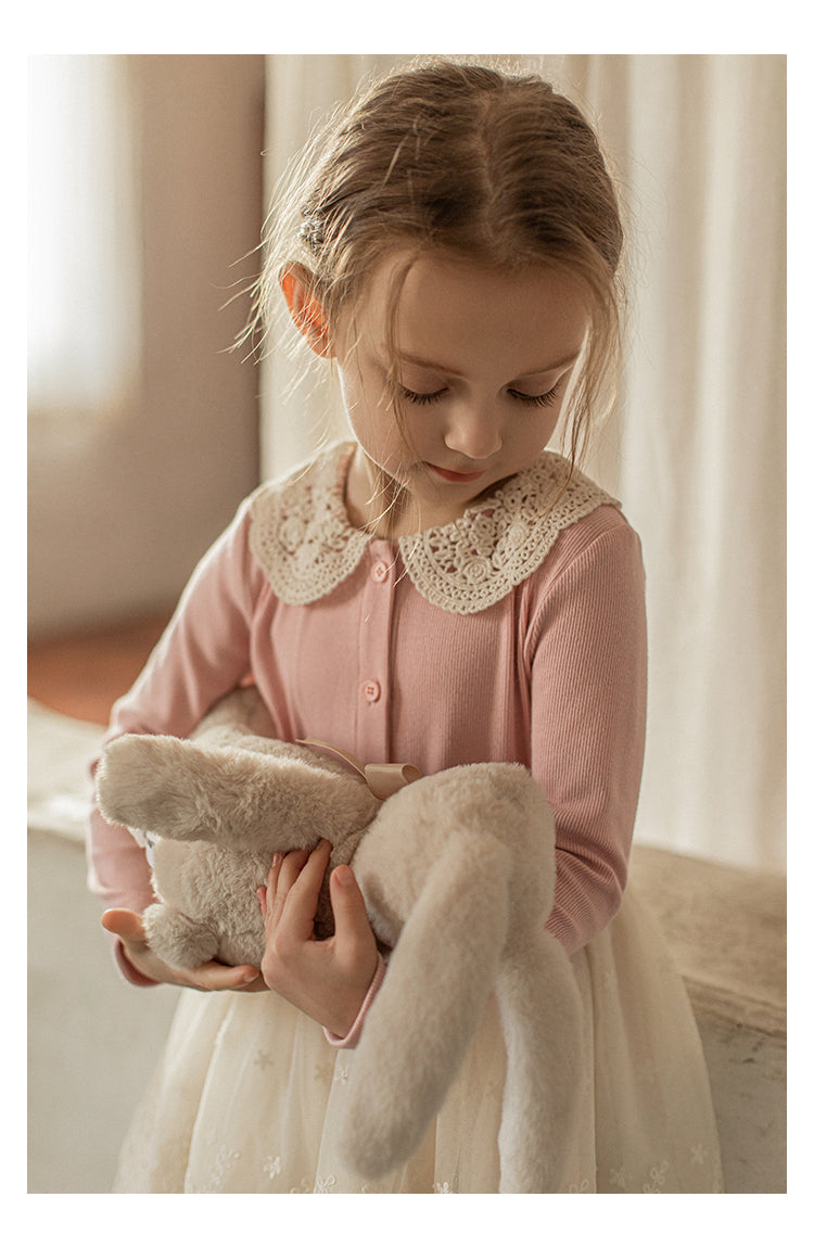 Girls Lace Collar Ribbed Button-Front Blouse, Blush Pink