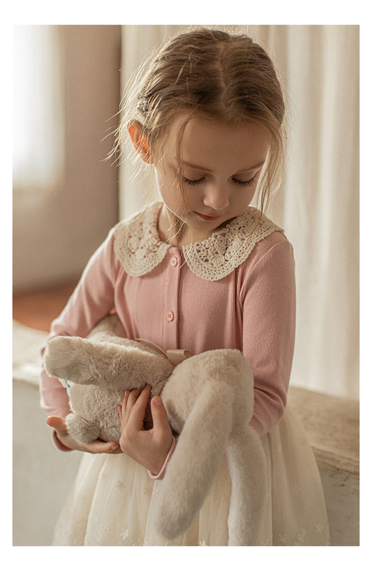 Girls Lace Collar Ribbed Button-Front Blouse, Blush Pink
