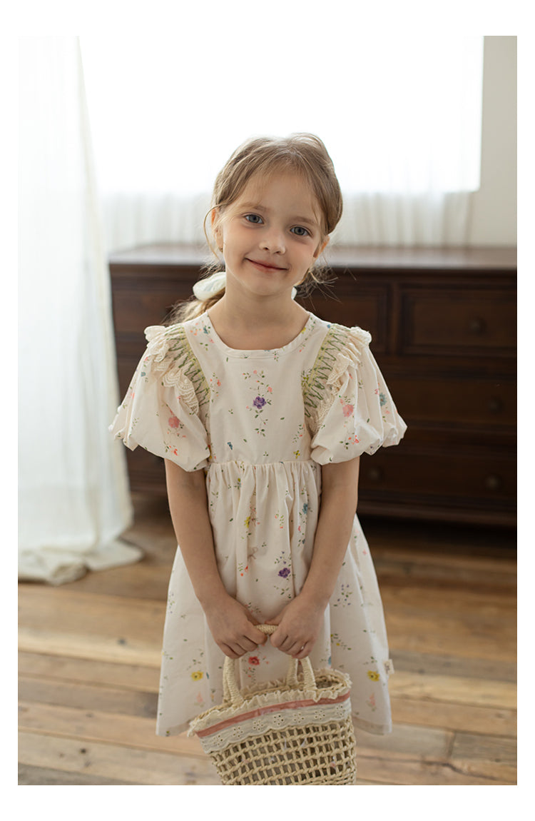 Baby Girl Floral Smocked Dress, Ivory White