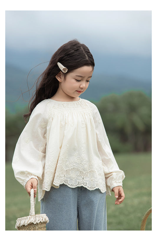 Girls Floral Embroidered Broderie Blouse, Ivory