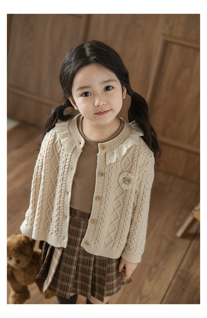 Baby Girl Bear Patch Lace Detail Cardigan, Oat