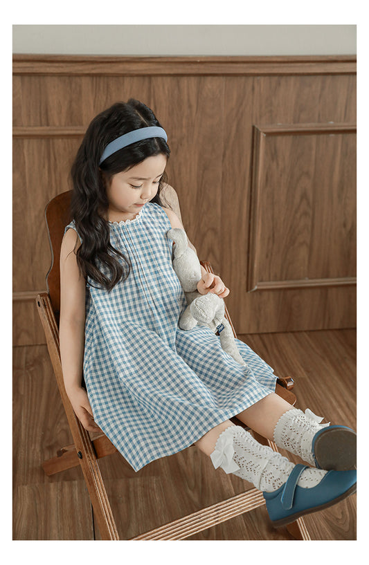 Girls Lace Trim Sleeveless Dress, Blue Gingham