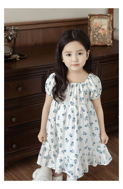 Baby Girl Square Neck Ruffle Hem Dress, Blue Floral