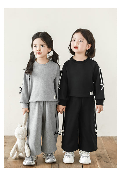Girls Bow Detail Sweatshirt & Joggers Set, Pebble Grey
