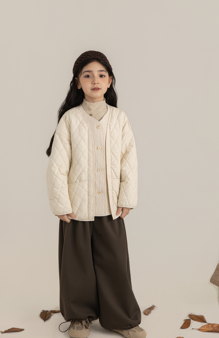 Girls Cotton Quilted Jacket with Textured Trim, Ivory