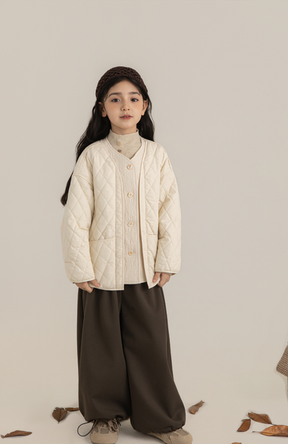 Girls Cotton Quilted Jacket with Textured Trim, Ivory