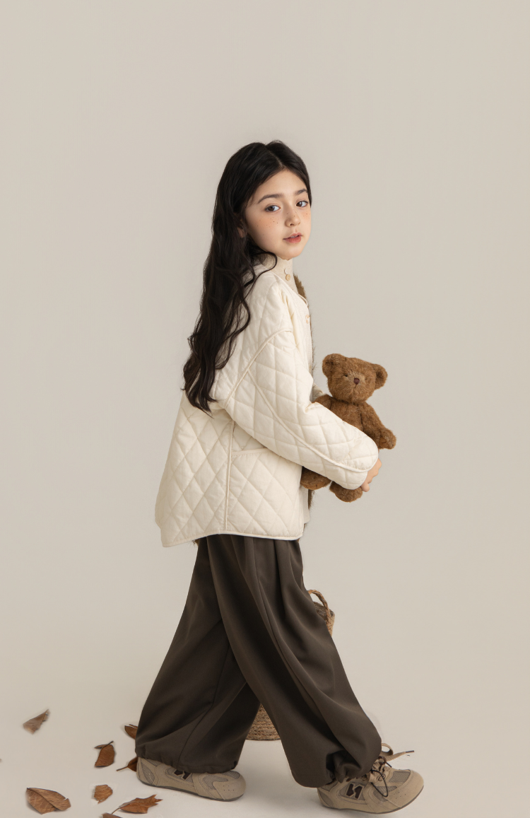 Girls Cotton Quilted Jacket with Textured Trim, Ivory