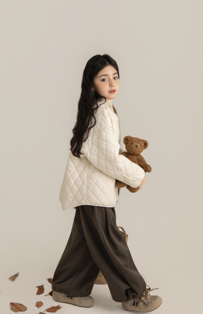 Girls Cotton Quilted Jacket with Textured Trim, Ivory