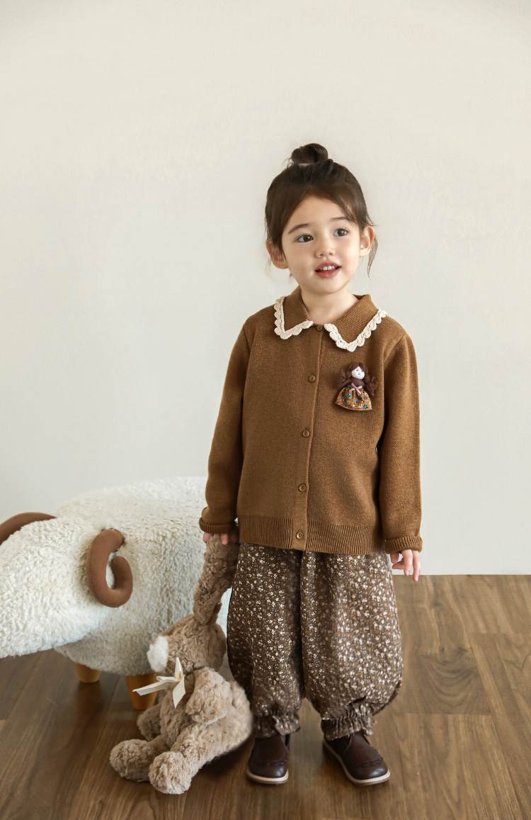 Girls Floral Balloon Tapered Trousers, Mocha Brown