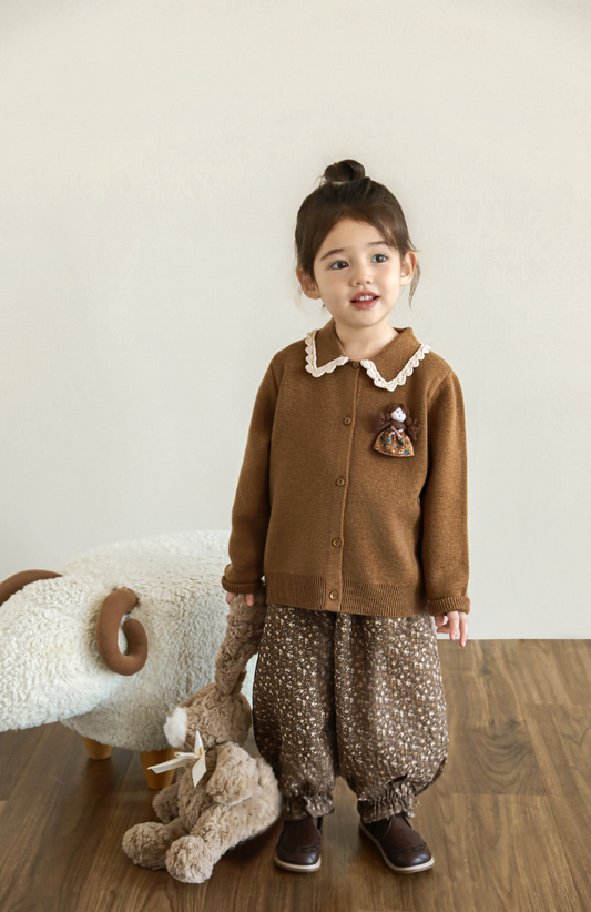 Girls Lace Collar Doll Detail Cardigan, Camel