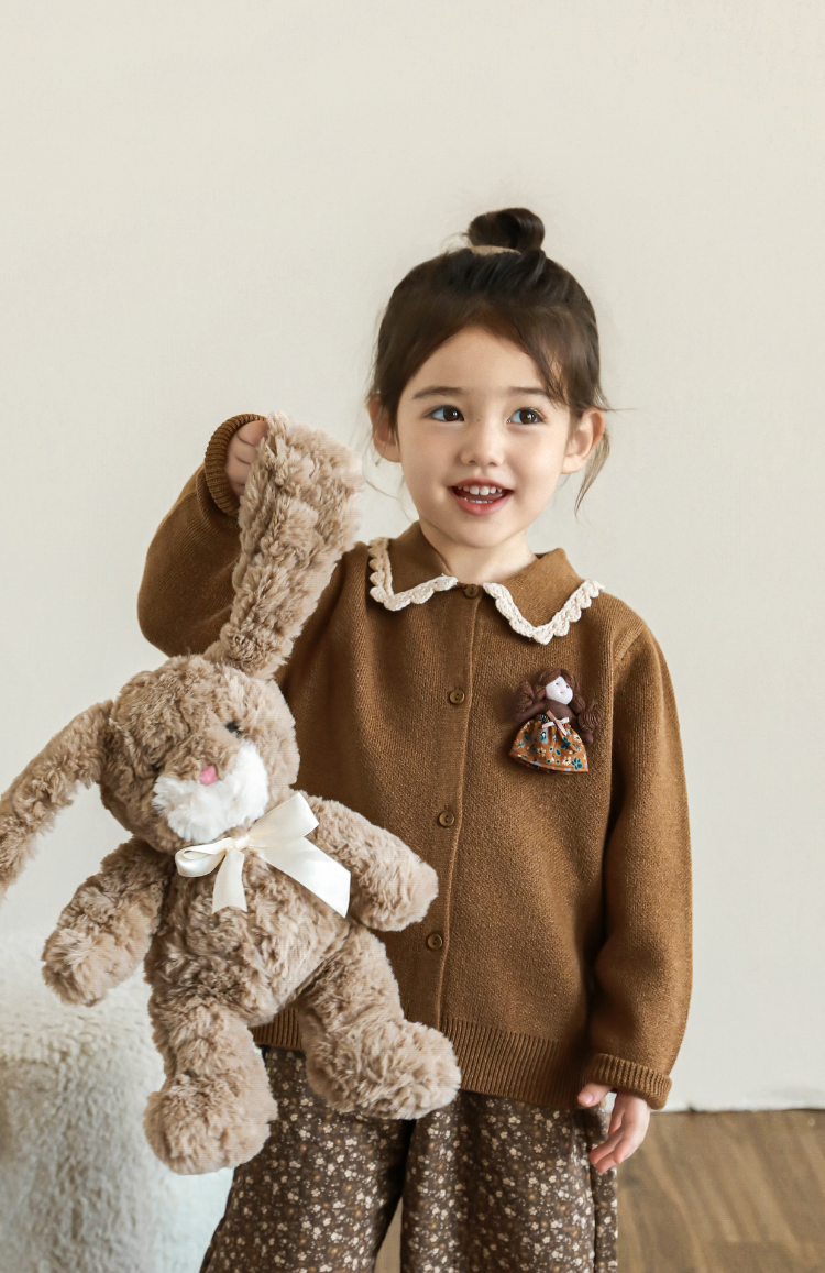 Girls Lace Collar Doll Detail Cardigan, Camel