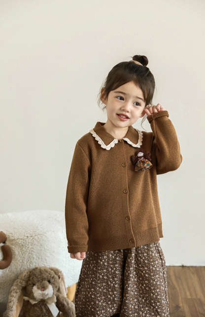 Girls Lace Collar Doll Detail Cardigan, Camel