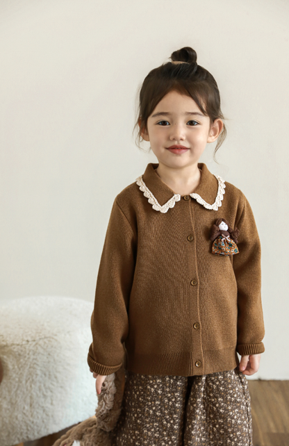 Girls Lace Collar Doll Detail Cardigan, Camel