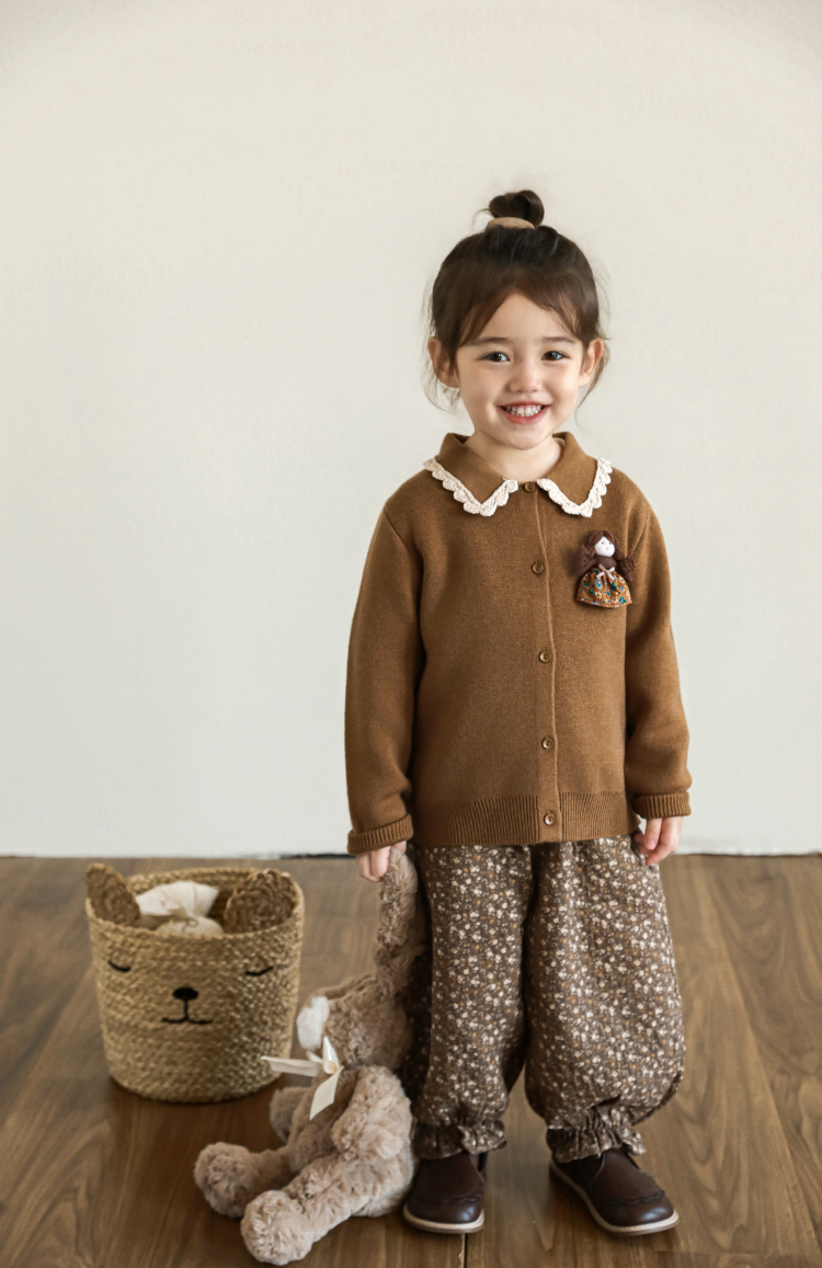 Girls Floral Balloon Tapered Trousers, Mocha Brown