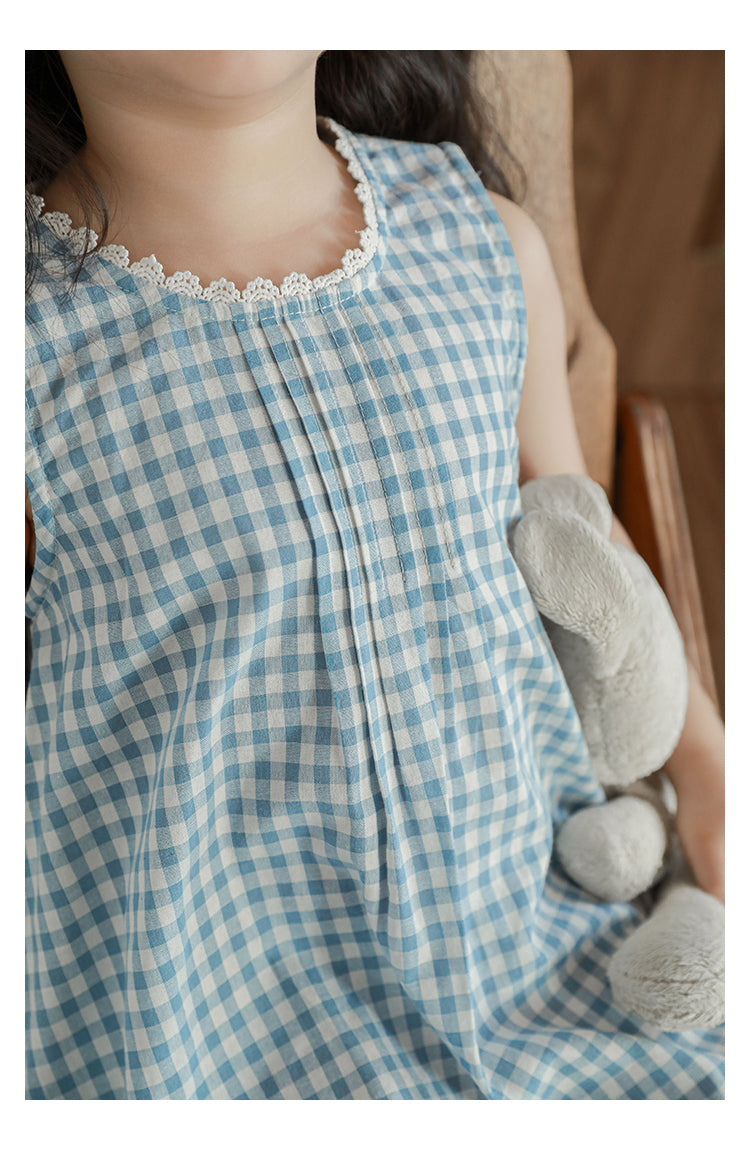 Girls Lace Trim Pleated Dress, Blue Gingham