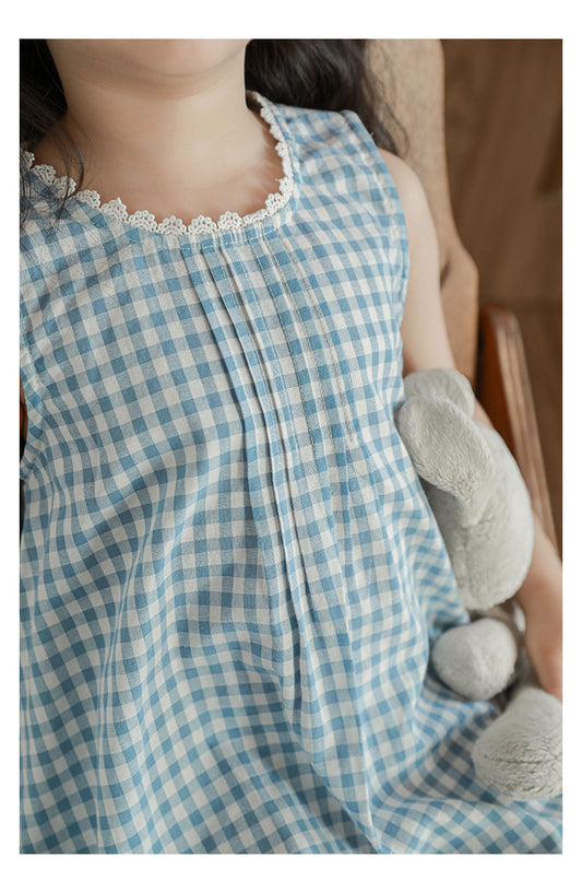 Girls Lace Trim Sleeveless Dress, Blue Gingham