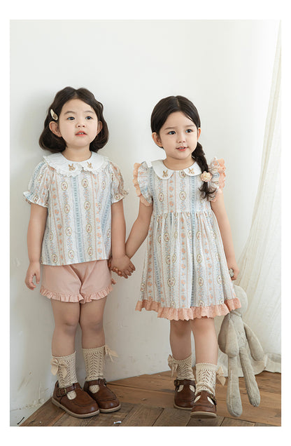 Girls Embroidered Collar Ruffled Dress, Bunny & Floral