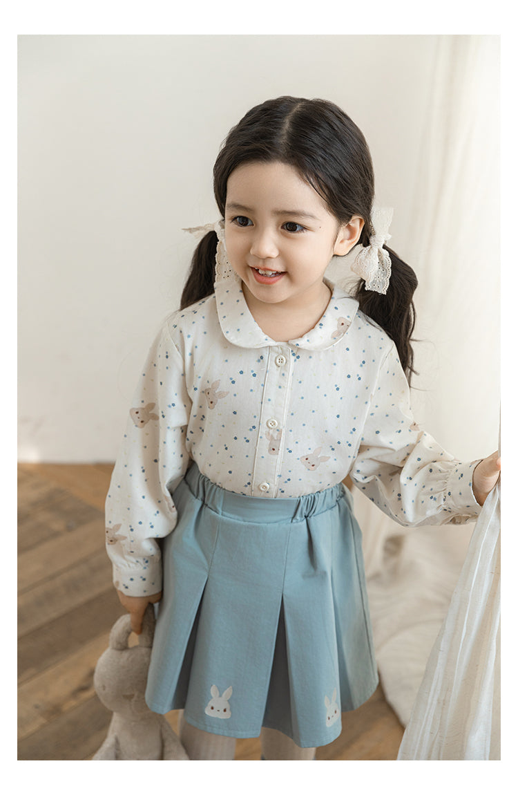 Girls Bunny Floral Button-Down Blouse, Ivory