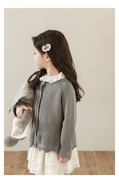 Girls Scalloped Textured Knit Cardigan, Medium Grey