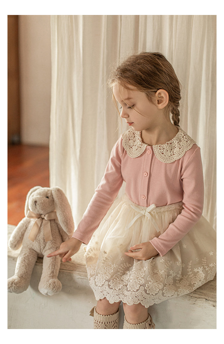 Girls Lace Collar Ribbed Button-Front Blouse, Blush Pink