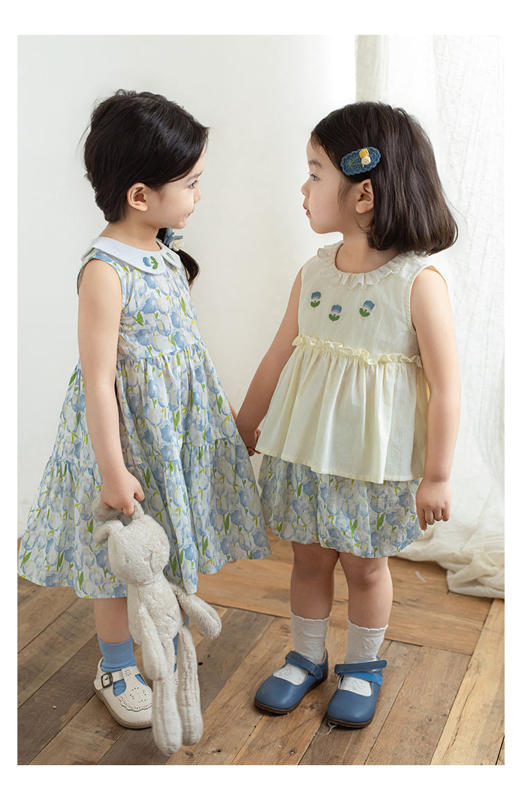 Girls Embroidered Collar Sleeveless Dress, Blue Floral