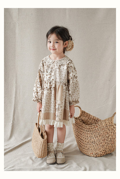 Girls Lace Detail Patchwork Dress, Cocoa Floral