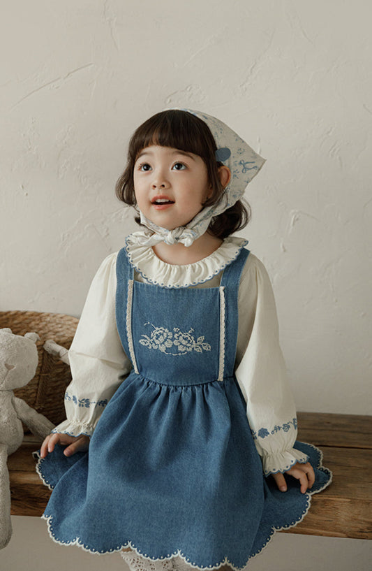 Isla Embroidered Denim Pinafore Dress, Classic Blue