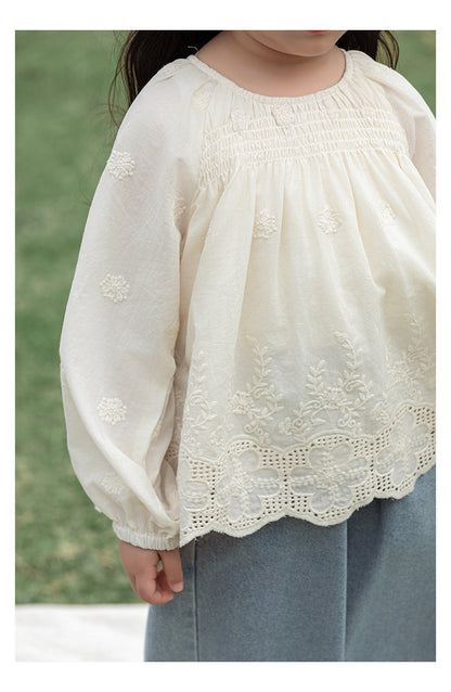 Girls Floral Embroidered Broderie Blouse, Ivory
