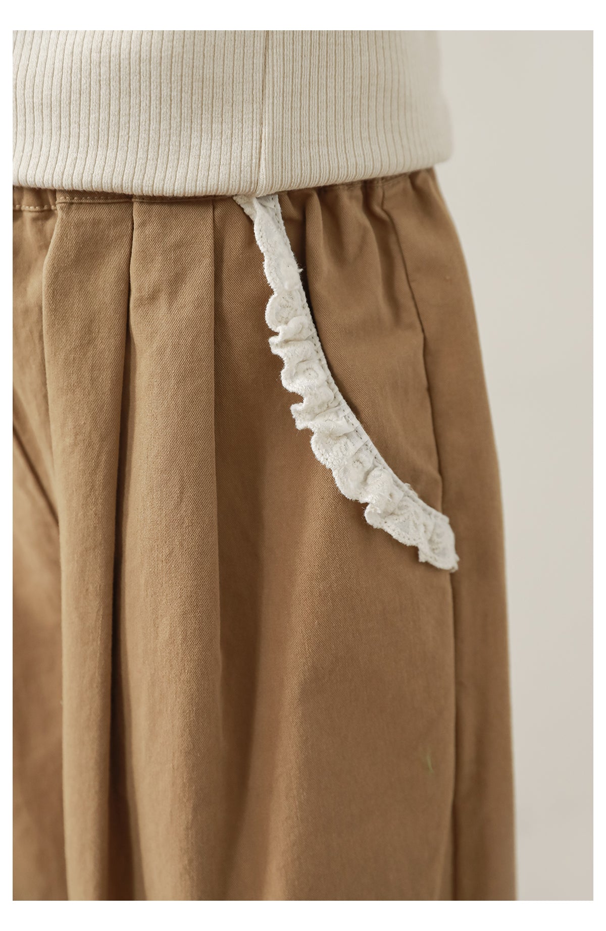 Girls Pleated Lace Hem Tapered Trousers, Camel