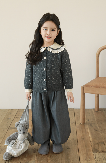 Girls Lace Collar Knit Cardigan, Grey Floral